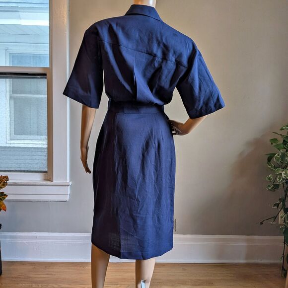 Vintage 80s Allison Smith Navy Blue Midi Dress Nautical Preppy Crest Size 10 - Picture 2 of 12
